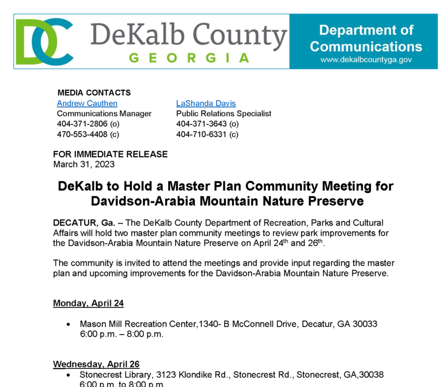 DeKalb to Hold a Master Plan Community Meeting for Davidson-Arabia Mountain Nature Preserve